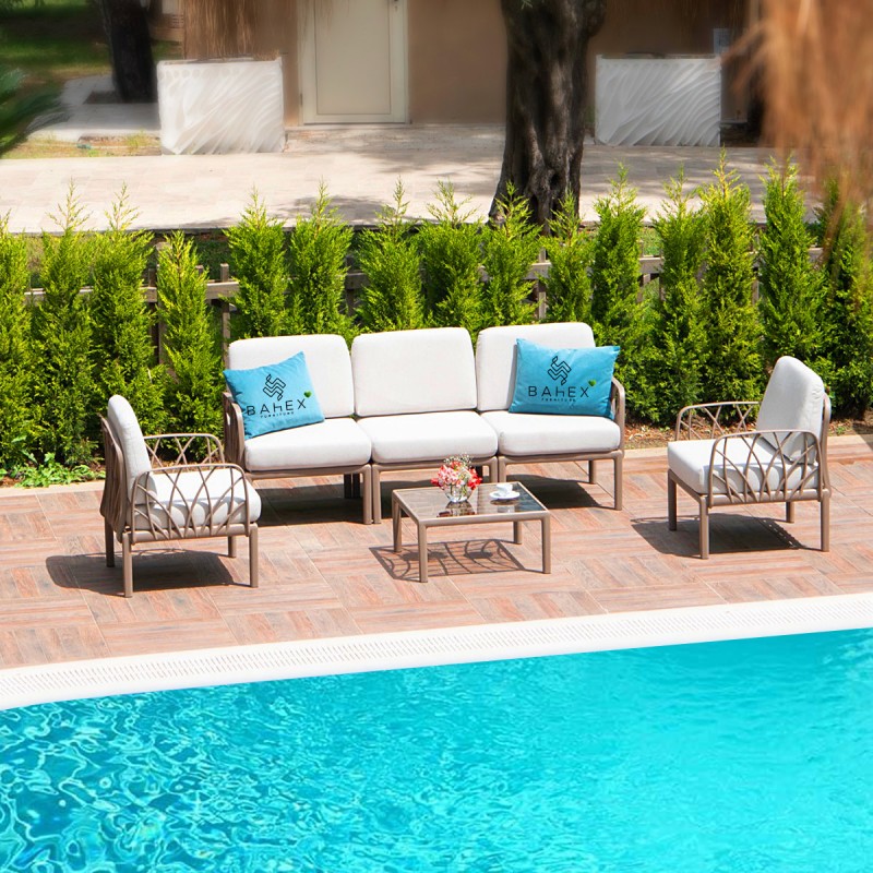 kare mobilier, MOBILIER DE JARDIN,Salon GARDA EN FIBRE DE VERRE 5 PLACES ET 1 TABLE BASSE